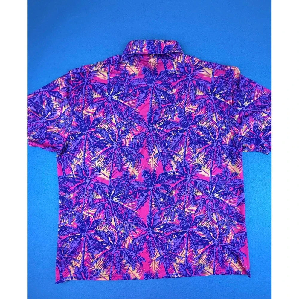 Hreski‎ Polo Shirt Mens XXL Pink Purple Palm Tree Tropical Performance Golf Top